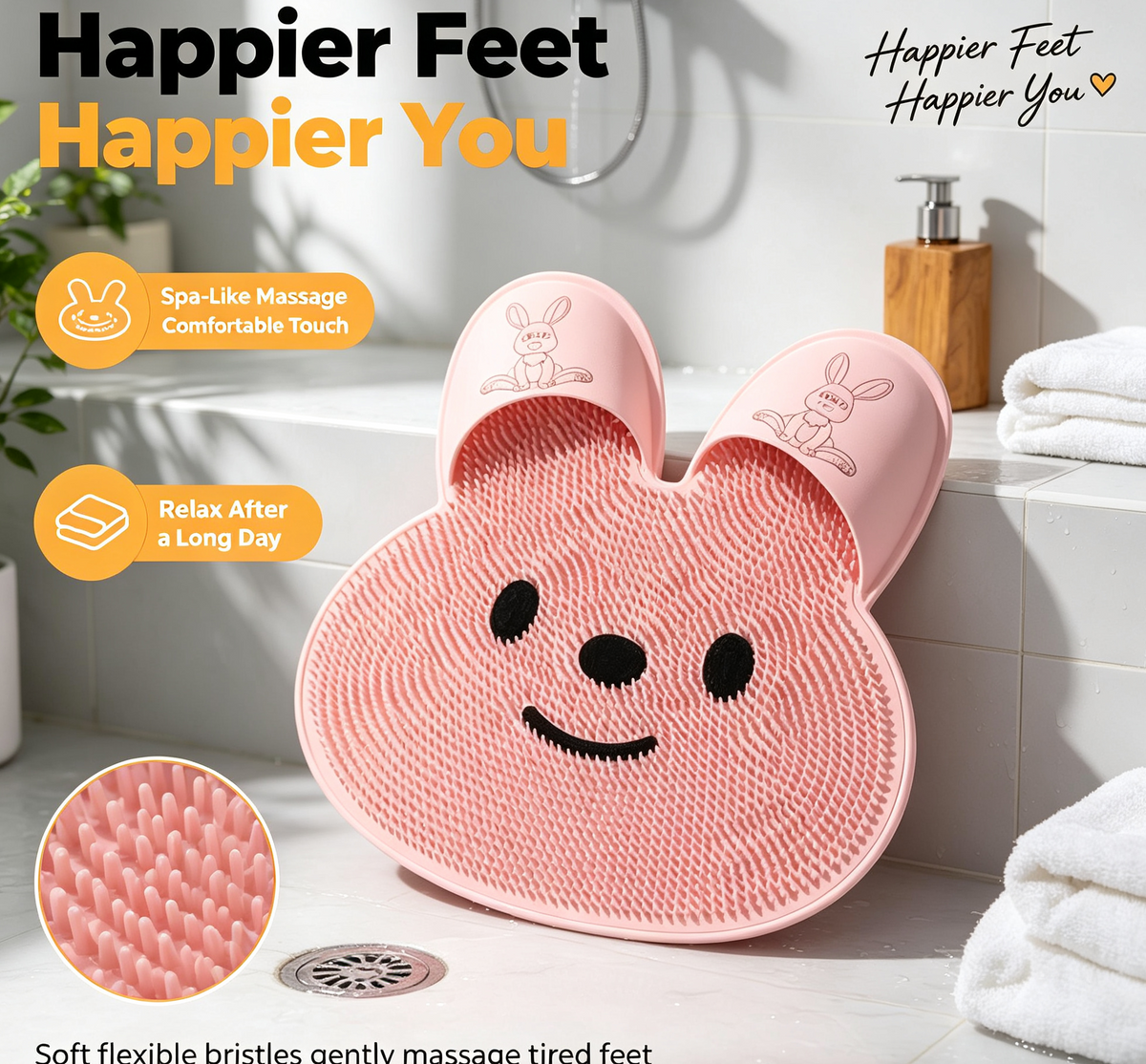 Bunny Shower Foot Scrubber Mat, Non-Slip Foot Massager for Shower