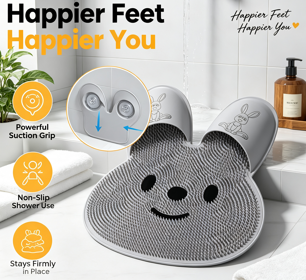 Bunny Shower Foot Scrubber Mat, Non-Slip Foot Massager for Shower