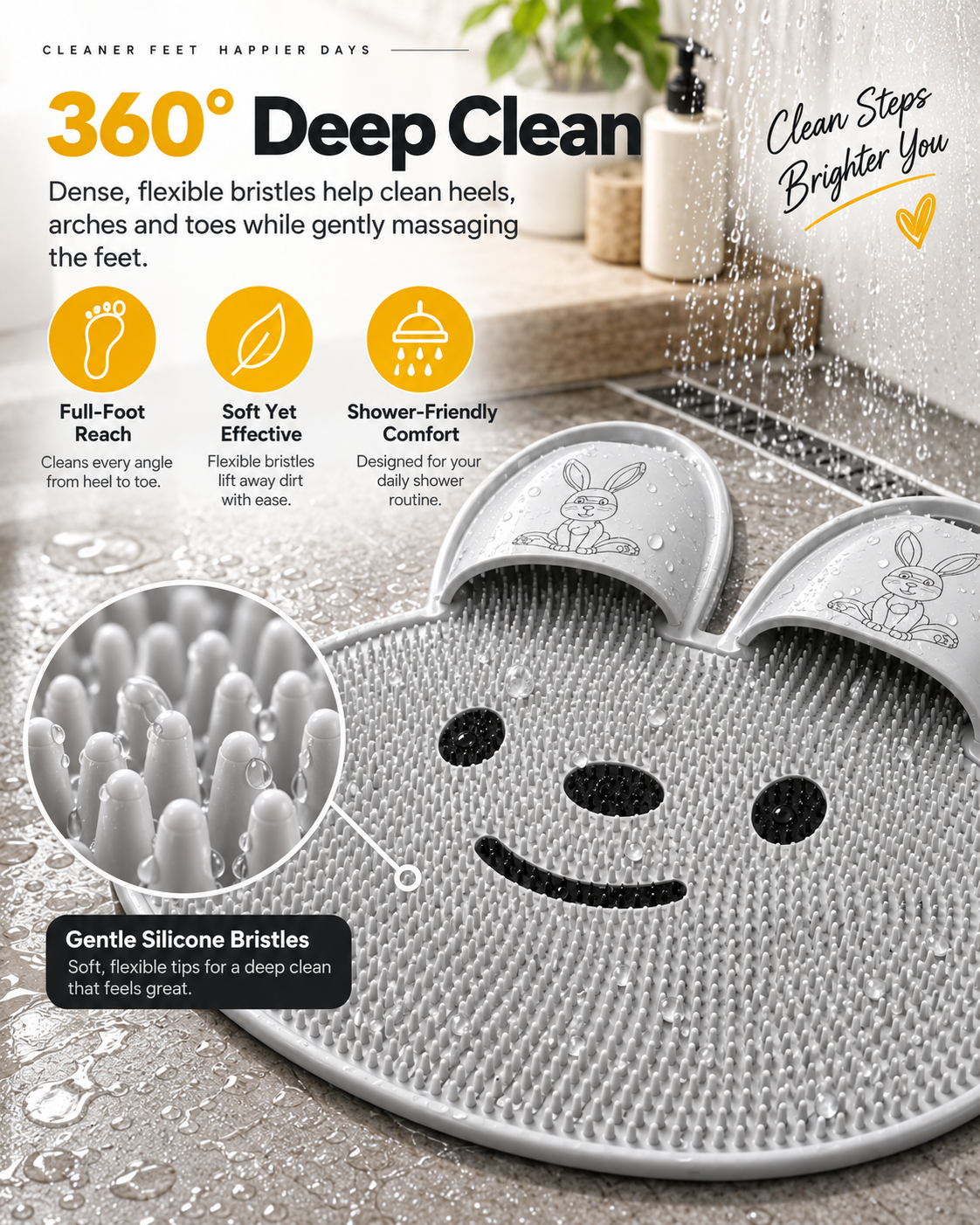 Bunny Shower Foot Scrubber Mat, Non-Slip Foot Massager for Shower
