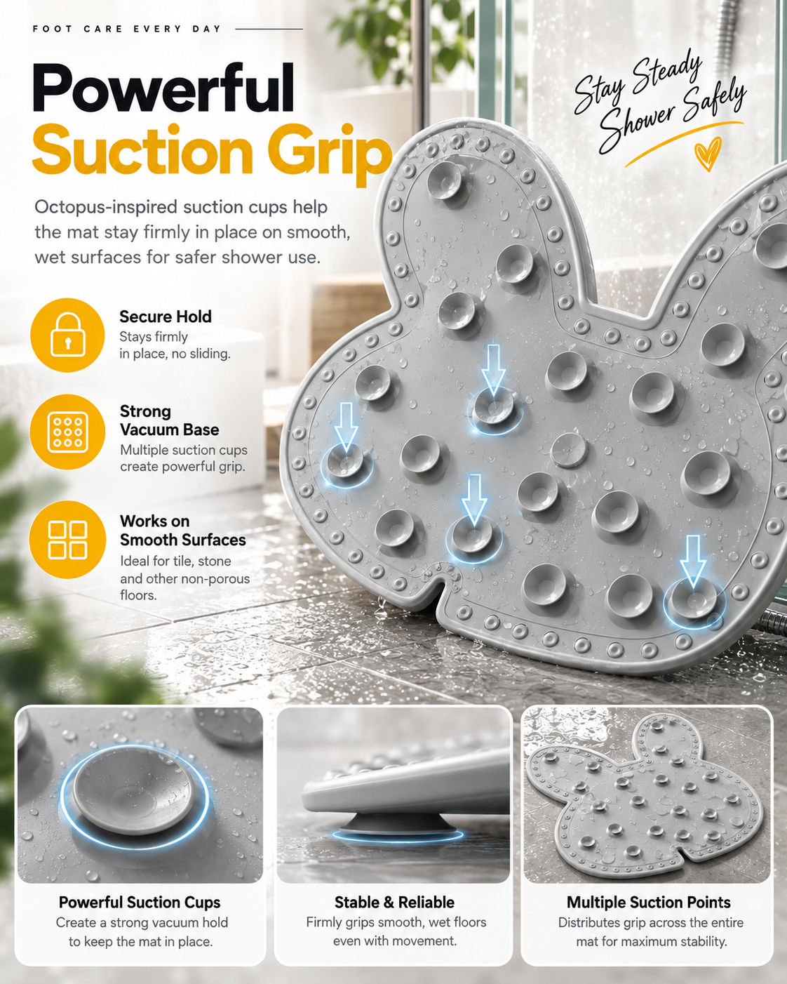 Bunny Shower Foot Scrubber Mat, Non-Slip Foot Massager for Shower