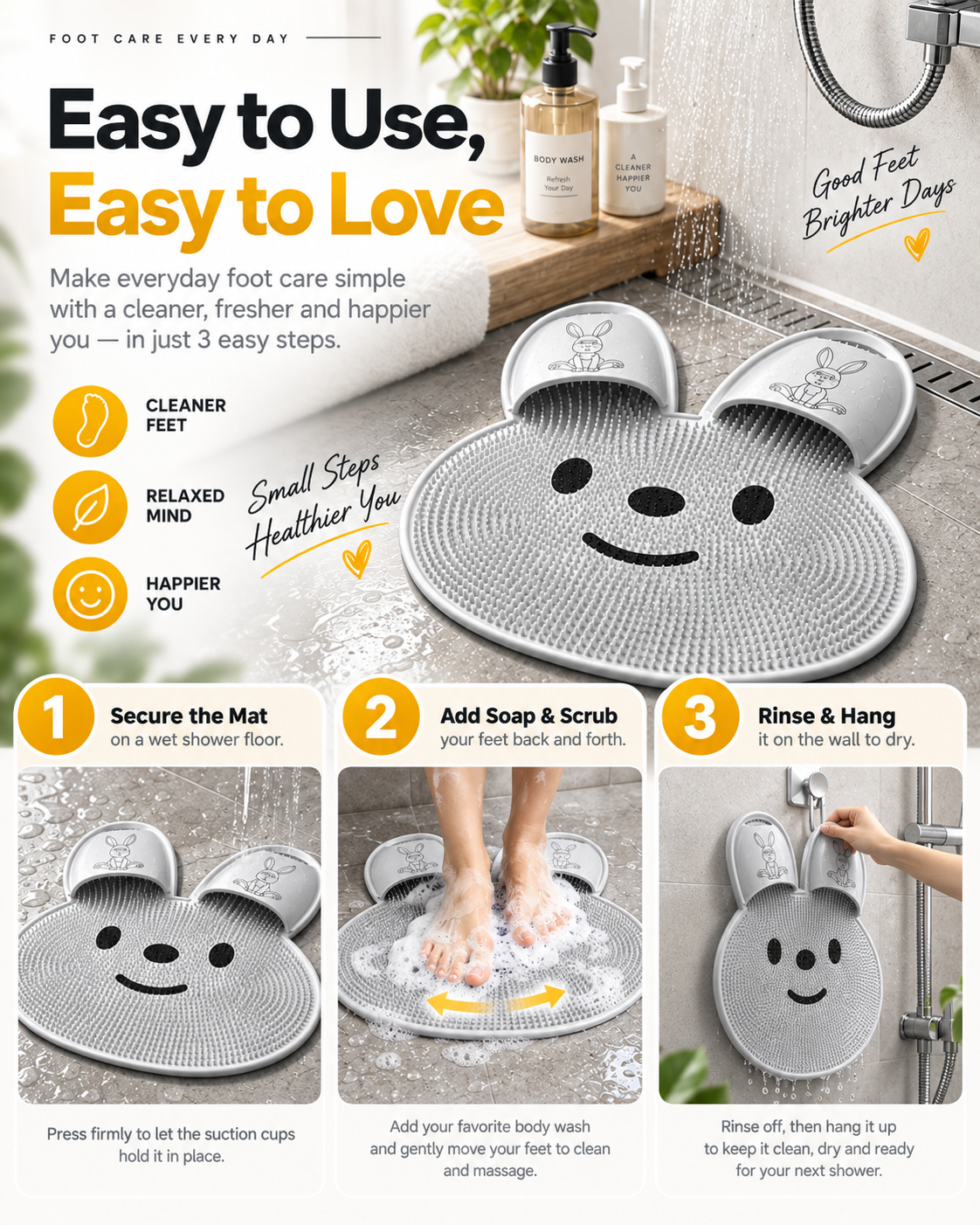 Bunny Shower Foot Scrubber Mat, Non-Slip Foot Massager for Shower