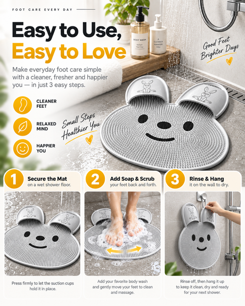 Bunny Shower Foot Scrubber Mat, Non-Slip Foot Massager for Shower